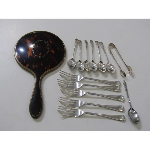 569 - SILVER CUTLERY, assortment of silver spoons and tongs, weighable 96 grams, together with a silver an... 