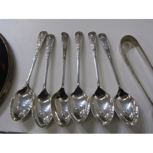 569 - SILVER CUTLERY, assortment of silver spoons and tongs, weighable 96 grams, together with a silver an... 