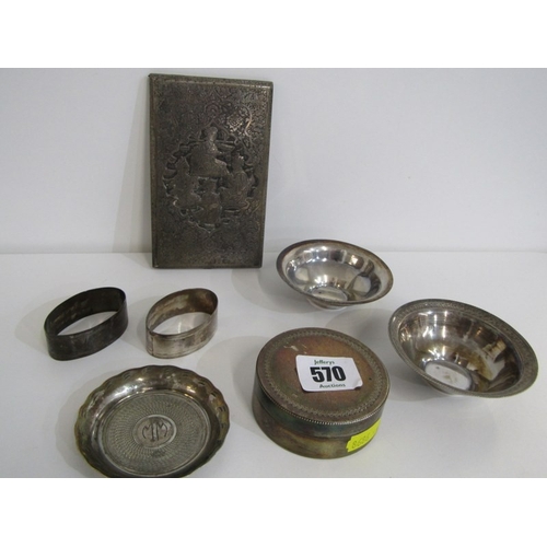 570 - A PAIR OF SILVER HM NAPKIN RINGS, together with other silver marked bowls and pot, plus a Siam decor... 