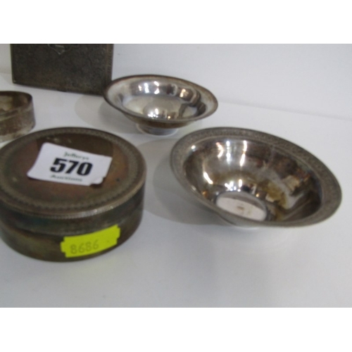 570 - A PAIR OF SILVER HM NAPKIN RINGS, together with other silver marked bowls and pot, plus a Siam decor... 