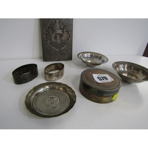 570 - A PAIR OF SILVER HM NAPKIN RINGS, together with other silver marked bowls and pot, plus a Siam decor... 