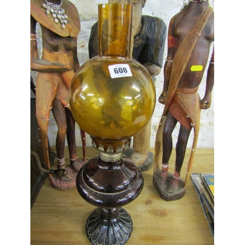 600 - WOOD CARVINGS, 2 native wood carvings, together with a Thoughtful Man and an oil lamp