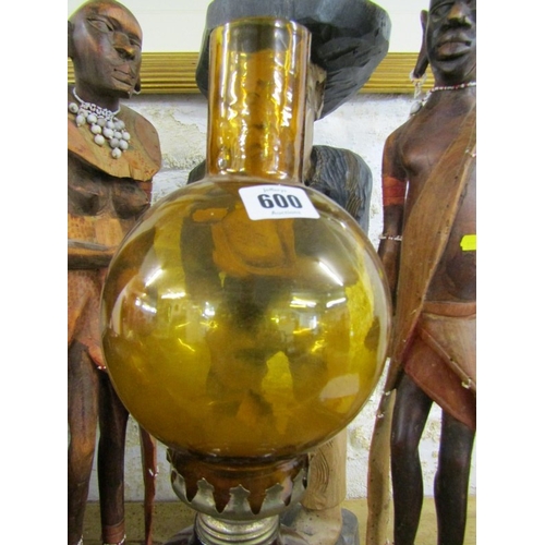 600 - WOOD CARVINGS, 2 native wood carvings, together with a Thoughtful Man and an oil lamp