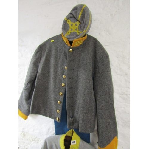 624 - CONFEDERATE ARMY UNIFORMS, replica confederate army tunics, trousers and boots