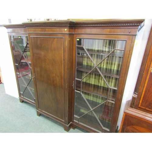 824 - MAHOGANY BREAKFRONT BOOKCASE, with pair of Chippendale design glazed side doors, 138cm height, 184cm... 