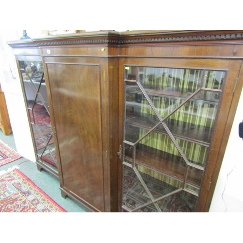 824 - MAHOGANY BREAKFRONT BOOKCASE, with pair of Chippendale design glazed side doors, 138cm height, 184cm... 