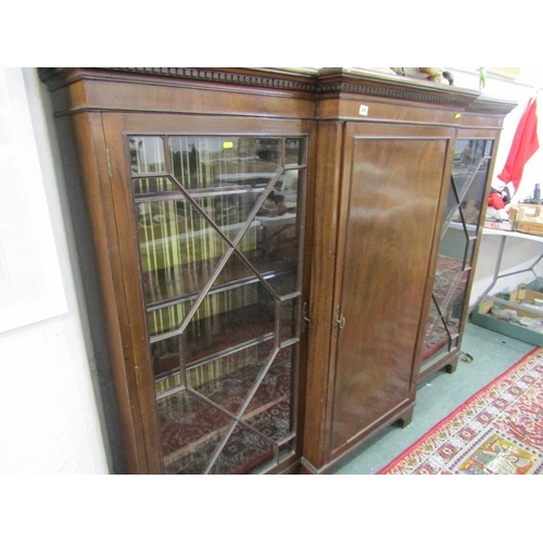 824 - MAHOGANY BREAKFRONT BOOKCASE, with pair of Chippendale design glazed side doors, 138cm height, 184cm... 