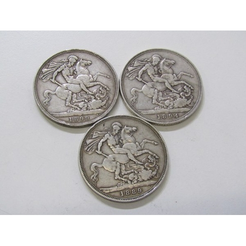 59 - Victoria silver crowns x 3: 1889 Jubilee head; 1894 old veiled head, anno regni LVII; 1899 old veile... 