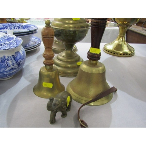 635 - OIL LAMPS, 2 brass oil lamps together with a brass elephant & 2 brass & wooden handled hand bells