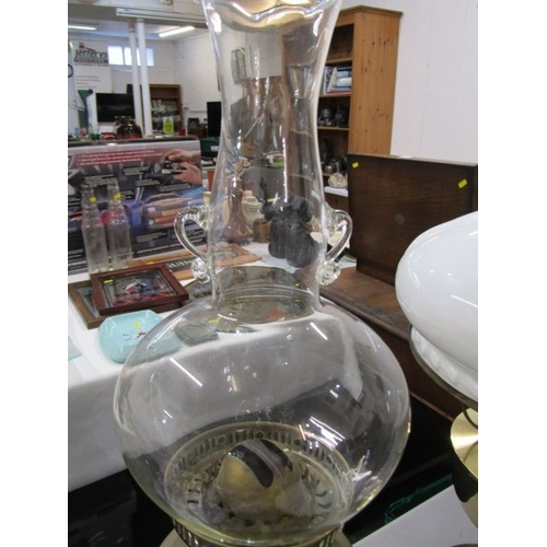 635 - OIL LAMPS, 2 brass oil lamps together with a brass elephant & 2 brass & wooden handled hand bells