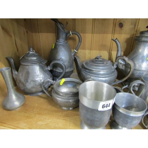 644 - PEWTER, a large selection of old pewter items including a James Yates tankard, teapots, jugs & other... 