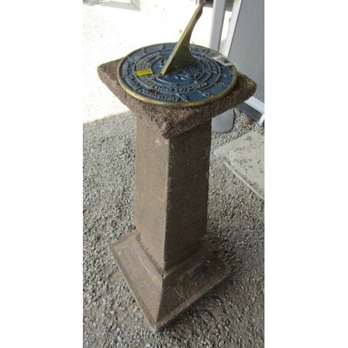 676 - ANNIVERSARY SUN DIAL, brass sun dial on a square form tapering stonework base, 76cm height repaired