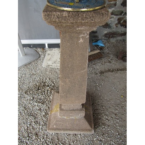 676 - ANNIVERSARY SUN DIAL, brass sun dial on a square form tapering stonework base, 76cm height repaired