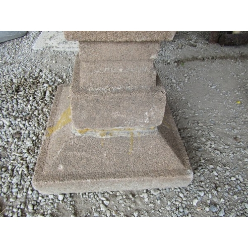 676 - ANNIVERSARY SUN DIAL, brass sun dial on a square form tapering stonework base, 76cm height repaired