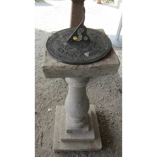 677 - SUN DIAL, brass sun dial on a baluster column support and square form base, 72cm height
