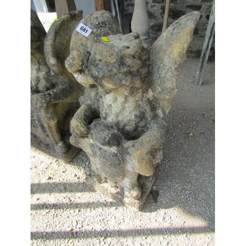 681 - STONEWORK GRIFFINS, pair of stonework griffin finials, 52cm height