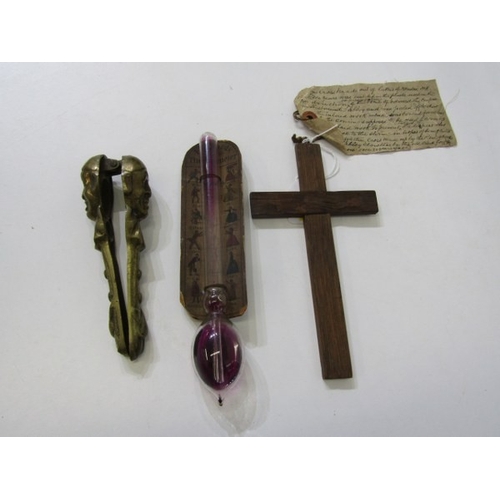 700 - BRASS NUTCRACKERS, a pair of novelty brass Pierot nutcrackers, an early wooden cross, with old label... 
