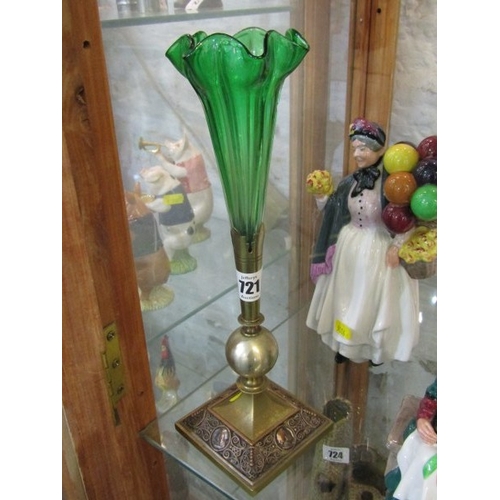 721 - SPILL VASE, a classical design metal based and green glass spill vase