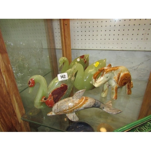 742 - STONE FIGURINES, 3 jade type stone duck figures, together with a dolphin and elephant figure (5 in t... 