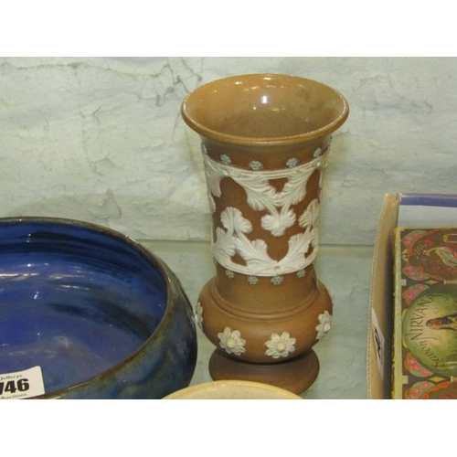 746 - ROYAL DOULTON, blue and floral motif fruit bowl, together with a brown and white embossed Doulton si... 
