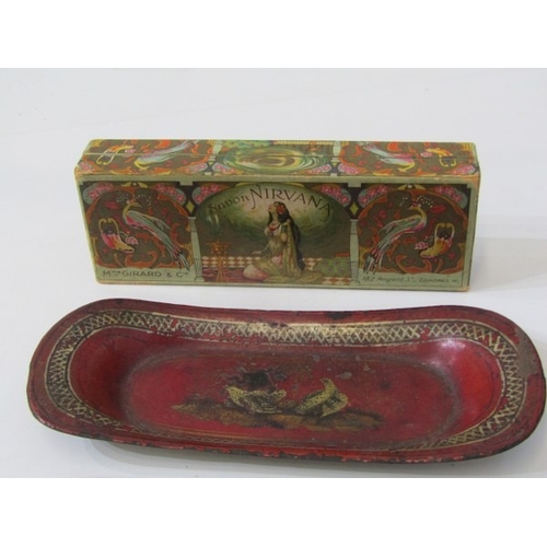 747 - VINTAGE PACKAGING, a Savon Nirvana decorative soap box, together with a toleware bird decorated snuf... 
