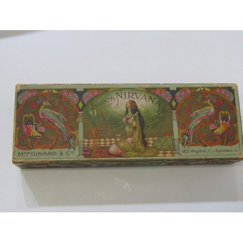 747 - VINTAGE PACKAGING, a Savon Nirvana decorative soap box, together with a toleware bird decorated snuf... 