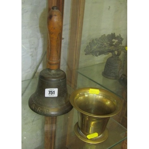 751 - HAND BELL, a brass A.R.P.  hand bell with wooden handle, together with a brass mortar