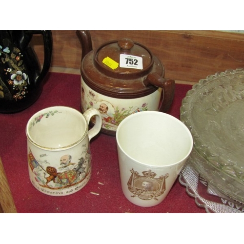752 - COMMEMORATIVE WARE, a Jackfield pottery, Queen Victoria commemorative jug, together with various oth... 