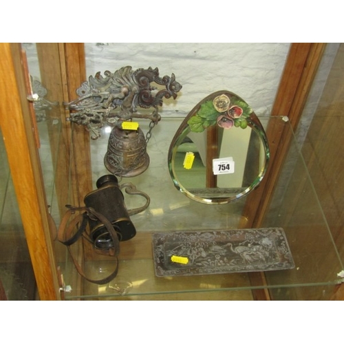 754 - MONOCULAR, an old monocular, together with an oriental metal pin tray, a floral mirror and a bell