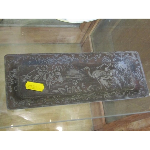 754 - MONOCULAR, an old monocular, together with an oriental metal pin tray, a floral mirror and a bell