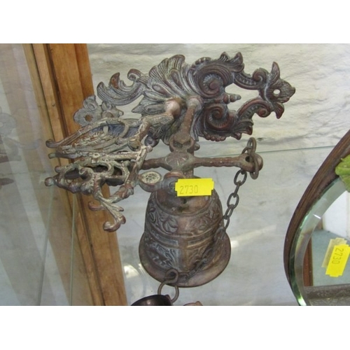754 - MONOCULAR, an old monocular, together with an oriental metal pin tray, a floral mirror and a bell