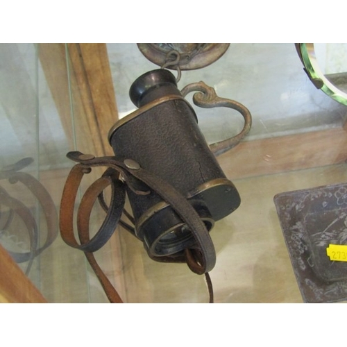 754 - MONOCULAR, an old monocular, together with an oriental metal pin tray, a floral mirror and a bell