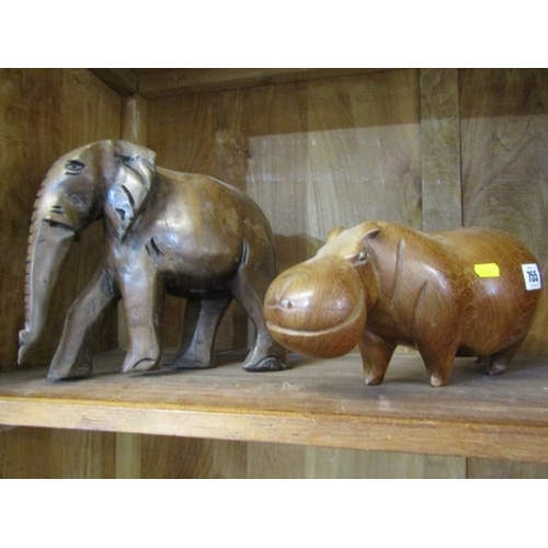 755 - WOODEN ELEPHANT, wooden elephant, 23cm height, together with a wooden hippo