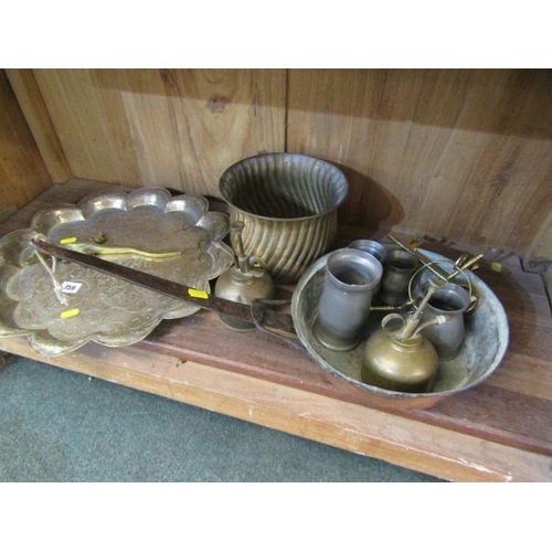 759 - ANTIQUE INDIAN BRASS TRAY, an Indian brass tray with inset scroll and figural decoration, 44cm width... 