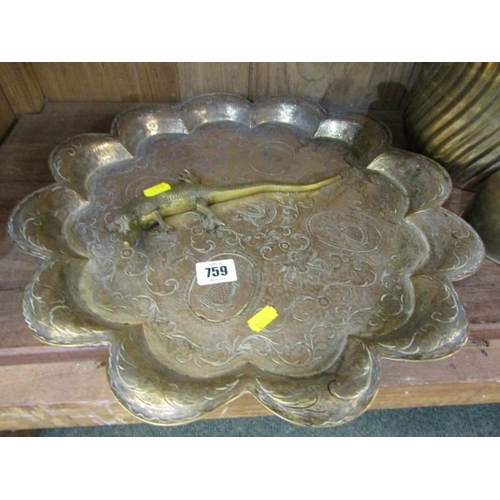 759 - ANTIQUE INDIAN BRASS TRAY, an Indian brass tray with inset scroll and figural decoration, 44cm width... 