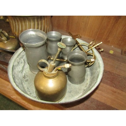 759 - ANTIQUE INDIAN BRASS TRAY, an Indian brass tray with inset scroll and figural decoration, 44cm width... 