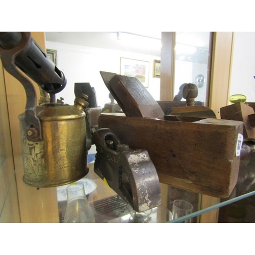 763 - TOOLS, carpenter's plane, together with a brass hand torch, etc