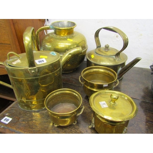 769 - BRASSWARE, a vintage brass watering can, together with brass jug, kettle and various pots (6 in tota... 