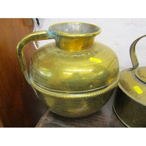 769 - BRASSWARE, a vintage brass watering can, together with brass jug, kettle and various pots (6 in tota... 