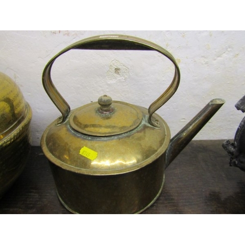 769 - BRASSWARE, a vintage brass watering can, together with brass jug, kettle and various pots (6 in tota... 
