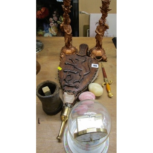 780 - WOODEN BELLOWS, a pair of wooden bellows, with a lion and inscribed 