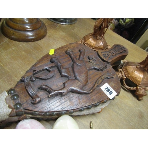 780 - WOODEN BELLOWS, a pair of wooden bellows, with a lion and inscribed 