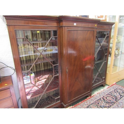824 - MAHOGANY BREAKFRONT BOOKCASE, with pair of Chippendale design glazed side doors, 138cm height, 184cm... 
