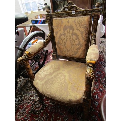 826 - WITHDRAWN - WITHDRAWN -        ARMCHAIR, an antique style, upholstered armchair, carved and gilded