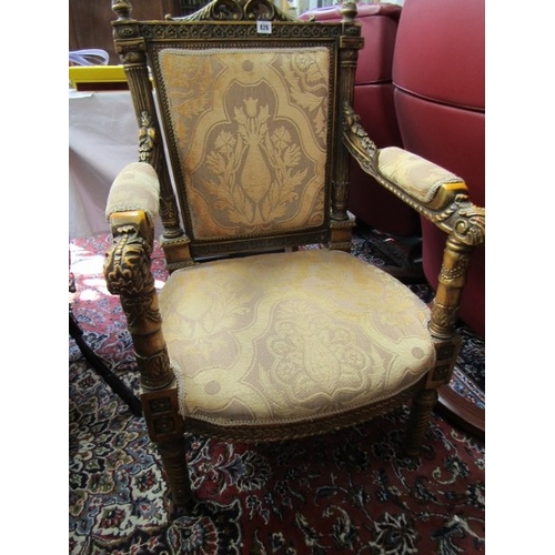 826 - WITHDRAWN - WITHDRAWN -        ARMCHAIR, an antique style, upholstered armchair, carved and gilded