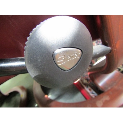 830 - STRESSLESS ARMCHAIRS & FOOTSTOOLS,  pair of burgundy, leather Stressless reclining armchairs, one wi... 