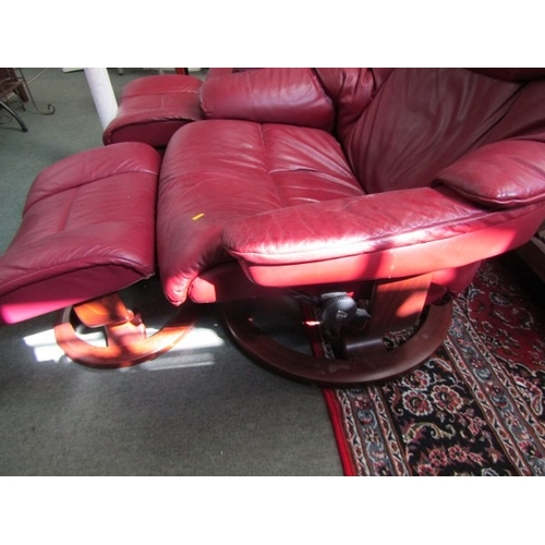 830 - STRESSLESS ARMCHAIRS & FOOTSTOOLS,  pair of burgundy, leather Stressless reclining armchairs, one wi... 