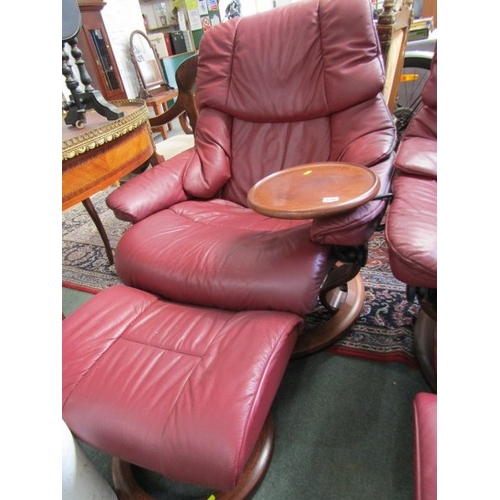 830 - STRESSLESS ARMCHAIRS & FOOTSTOOLS,  pair of burgundy, leather Stressless reclining armchairs, one wi... 