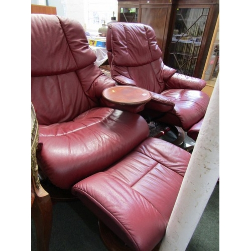 830 - STRESSLESS ARMCHAIRS & FOOTSTOOLS,  pair of burgundy, leather Stressless reclining armchairs, one wi... 