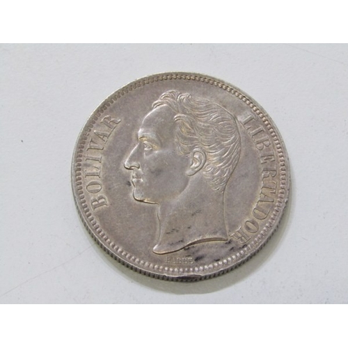96 - 1888 Venezuela Silver 5 Bolivars, .900 fineness in high grade.    